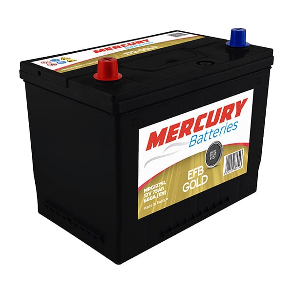 MRG1275L Μπαταρία αυτοκινήτου 12V 75Ah EFB Gold Mercury, ιαπωνικού τύπου με αριστερό πόλο – κατάλληλη για οχήματα με σύστημα Start-Stop.