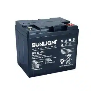 Εμπρόσθια όψη της στεγανής μπαταρίας VRLA Sunlight SPA 12V 28Ah τεχνολογίας AGM