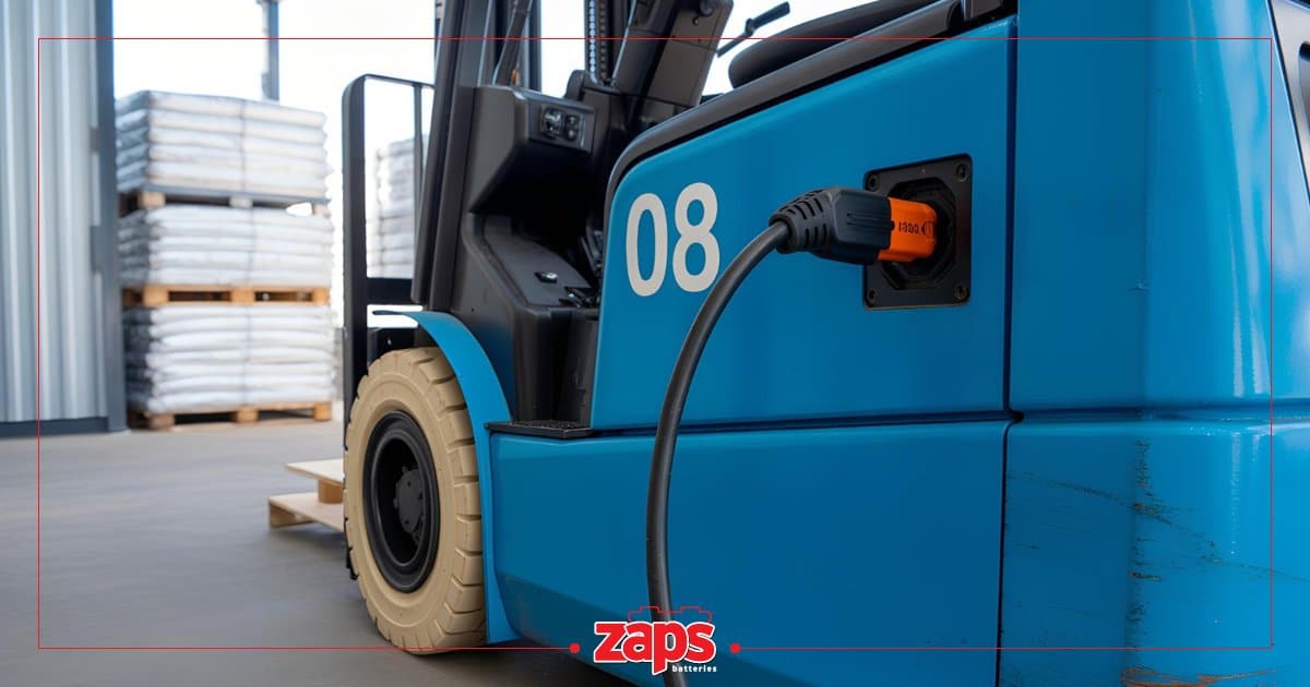 Γαλάζιο ηλεκτρικό περονοφόρο όχημα φορτίζεται σε αποθήκη, με στοιβαγμένες παλέτες στο παρασκήνιο.