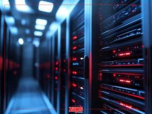 Server arrays in a modern data center with blue lighting and red ZAPS indicator lights