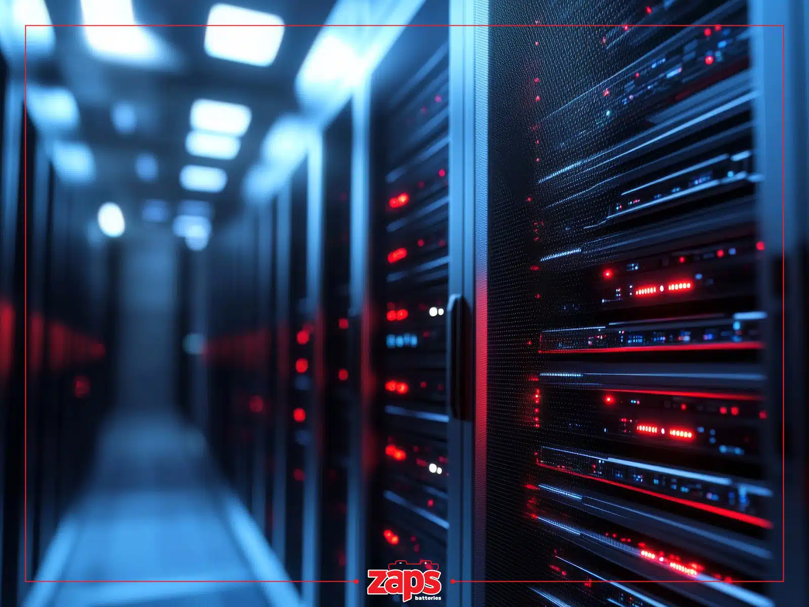 Συστοιχίες διακομιστών σε σύγχρονο data center με μπλε φωτισμό και κόκκινες ενδεικτικές λυχνίες ZAPS