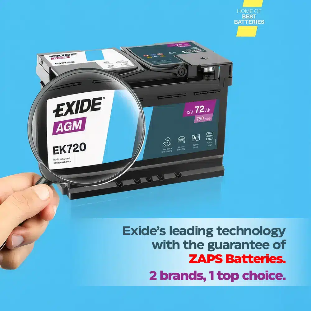 EXIDE AGM Start-Stop technology battery on a blue background, with a magnifying glass highlighting the quality of construction and the ZAPS warranty.